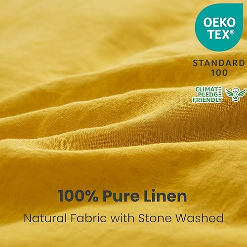 Simple&Opulence 100% Linen Duvet Cover Set 3pcs with Coconut Button Closure Natural French Washed Flax Solid Color Soft Breathable Farmhouse Bedding - Mustard Yellow, King Size - Image 2