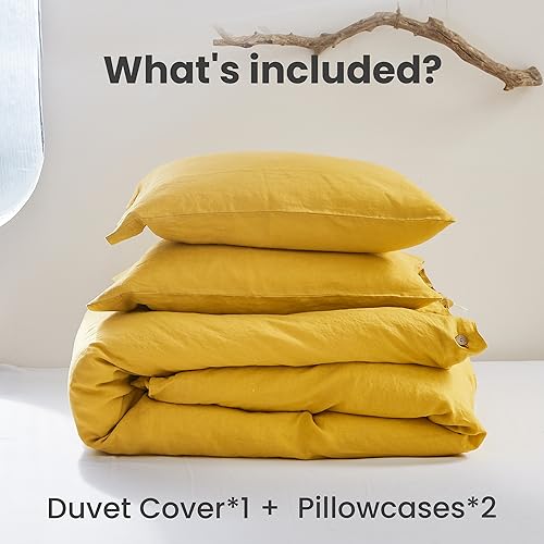 Simple&Opulence 100% Linen Duvet Cover Set 3pcs with Coconut Button Closure Natural French Washed Flax Solid Color Soft Breathable Farmhouse Bedding - Mustard Yellow, King Size - Image 4