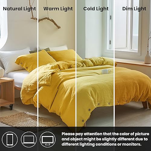 Simple&Opulence 100% Linen Duvet Cover Set 3pcs with Coconut Button Closure Natural French Washed Flax Solid Color Soft Breathable Farmhouse Bedding - Mustard Yellow, King Size - Image 5