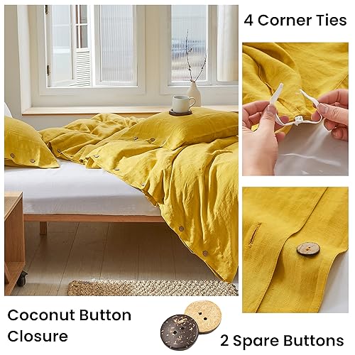 Simple&Opulence 100% Linen Duvet Cover Set 3pcs with Coconut Button Closure Natural French Washed Flax Solid Color Soft Breathable Farmhouse Bedding - Mustard Yellow, King Size - Image 3