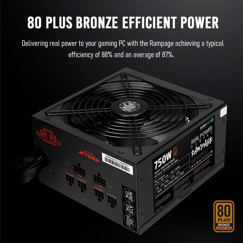 GameMax 750W Rampage Power Supply (No Power Cable inc.), Semi-Modular, APFC, Japanese Tk Main Capacitor, 80 Plus Bronze, 88% Efficiency, 14cm Cooling Fan, Real Power Gaming | Black - Image 2