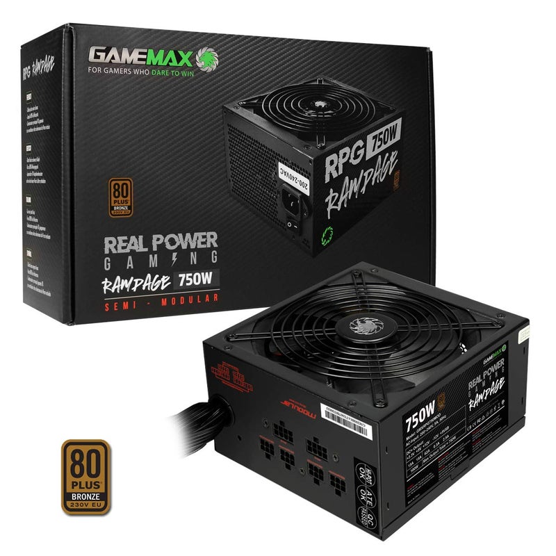 GameMax 750W Rampage Power Supply (No Power Cable inc.), Semi-Modular, APFC, Japanese Tk Main Capacitor, 80 Plus Bronze, 88% Efficiency, 14cm Cooling Fan, Real Power Gaming | Black - Image 1
