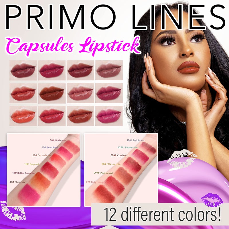 Primo Lines 12 Pill Lipstick with 1 Cute Mini Red Leather Bag Key-chain Pouch - Mini Lipstick Velvet Matte, Smooth and Moisturizing Pill Lipsticks, Long-Lasting, Portable and Charming Look All Day Long - Image 2