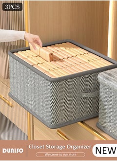 DUNISO 3pcs Foldable Closet Storage Organizer with lid,Wardrobe Clothes Organizer For Clothing, Sheets, Toys, Books,Washable Closet Storage Boxes with Carrying Handles Cube Stackable Storage Bin for Home Bedroom Office  - Image 1