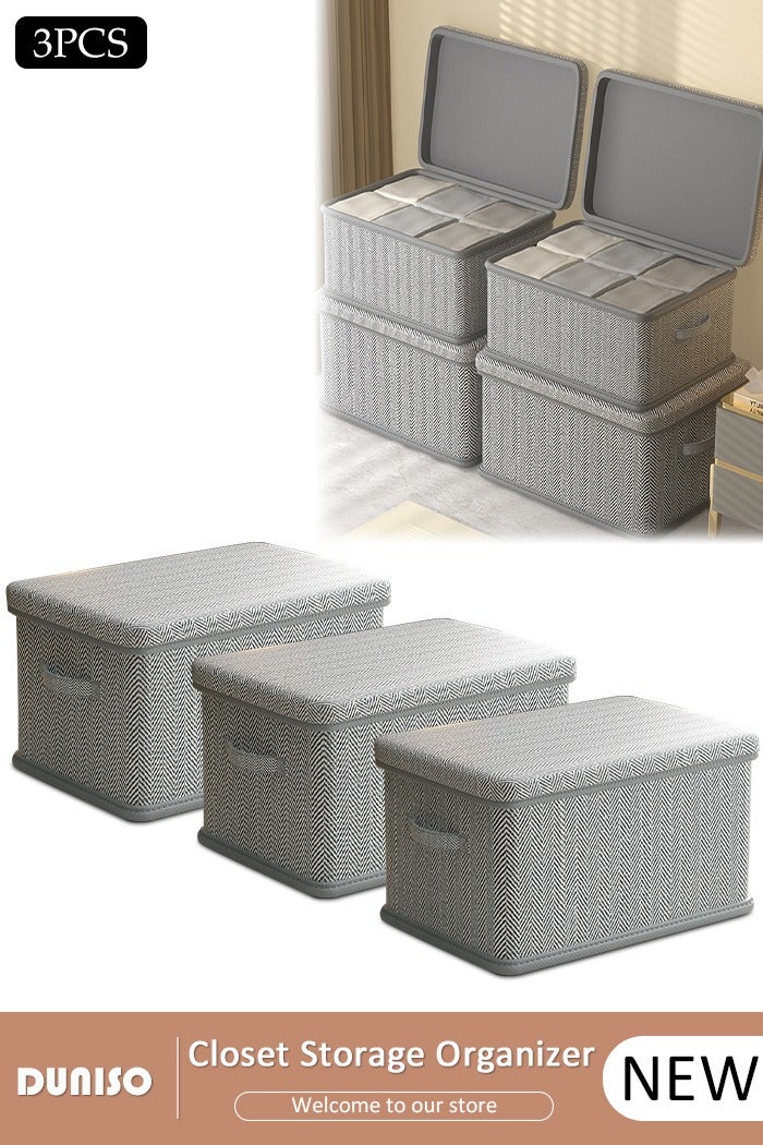 DUNISO 3pcs Foldable Closet Storage Organizer with lid,Wardrobe Clothes Organizer For Clothing, Sheets, Toys, Books,Washable Closet Storage Boxes with Carrying Handles Cube Stackable Storage Bin for Home Bedroom Office - Image 1