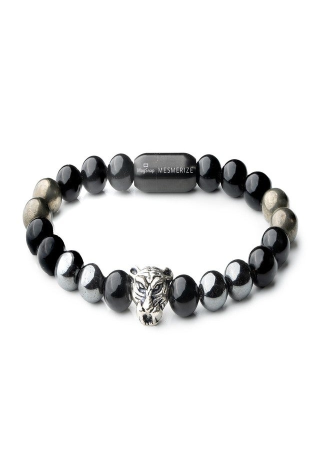 Mesmerize Panther Metal Charm Bracelets with Original Stones | Amethyst, Gloss Onyx, Pyrite, Black Obsidian, Grey Hematite, Lapis Lazuli and Sodalite Bracelet for Men (Obsidian Panther 2.0, XL) - Image 1