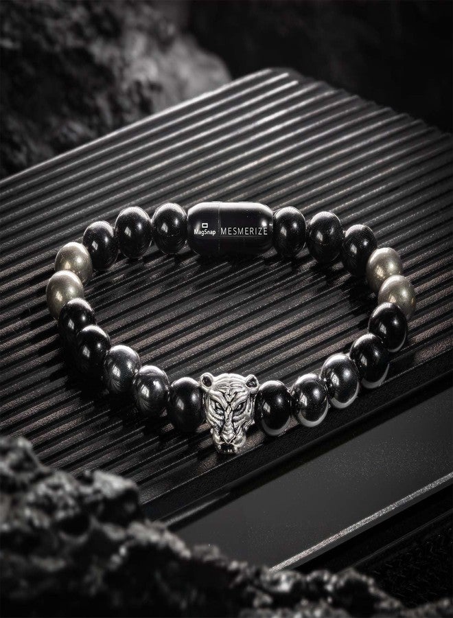 Mesmerize Panther Metal Charm Bracelets with Original Stones | Amethyst, Gloss Onyx, Pyrite, Black Obsidian, Grey Hematite, Lapis Lazuli and Sodalite Bracelet for Men (Obsidian Panther 2.0, XL) - Image 2