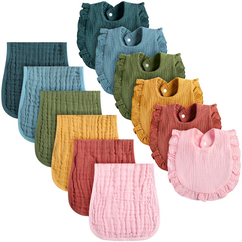 Newcotte 12 Pcs Baby Muslin Bibs and Burp Cloths Set Cotton Absorbent Baby Bibs Burping Cloths for Toddler Unisex Girls Boys Soft Adjustable Drooling for Newborn Teething - Image 1