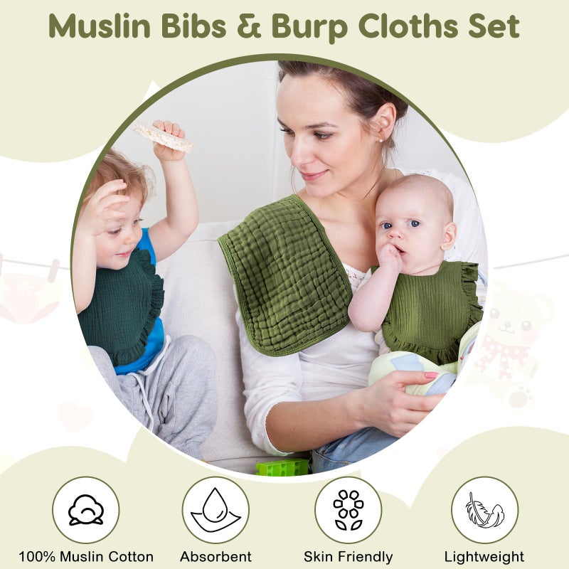 Newcotte 12 Pcs Baby Muslin Bibs and Burp Cloths Set Cotton Absorbent Baby Bibs Burping Cloths for Toddler Unisex Girls Boys Soft Adjustable Drooling for Newborn Teething - Image 4