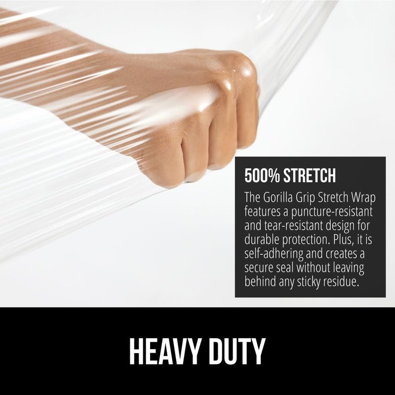 Gorilla Grip 500% Stretch Film Heavy Duty Plastic, 2 Pack 500ft Shrink Wrap Rolls 24" Puncture Resistant, Industrial Strength for Pallet Storing, Wrapping, Moving, Packing Furniture Protection Clear - Image 3