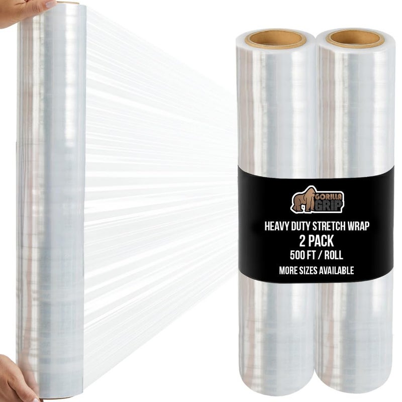 Gorilla Grip 500% Stretch Film Heavy Duty Plastic, 2 Pack 500ft Shrink Wrap Rolls 24" Puncture Resistant, Industrial Strength for Pallet Storing, Wrapping, Moving, Packing Furniture Protection Clear - Image 1