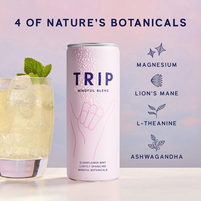Trip Mindful Blend, Lightly Sparkling Adaptogen Seltzer, Mocktail w/ 120mg Magnesium Citrate with Ashwagandha, Lions Mane & L Theanine, No Added Sugar, Vegan, Original Variety Pack, 12 Oz, 12Pk - Image 2