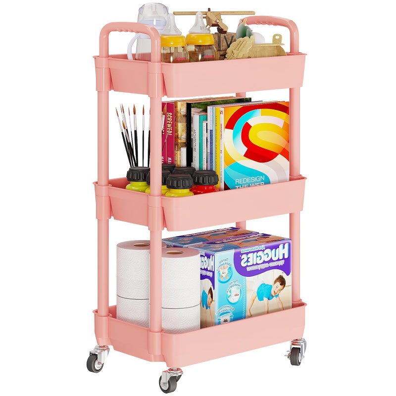 Laiensia 3-Tier Rolling Cart with Wheels,Multifunction Utility Storage Carts, Kitchen Storage Organizer,Mobile Shelving Unit for Bathroom,Laundry,with Classified Stickers,Pink - Image 1