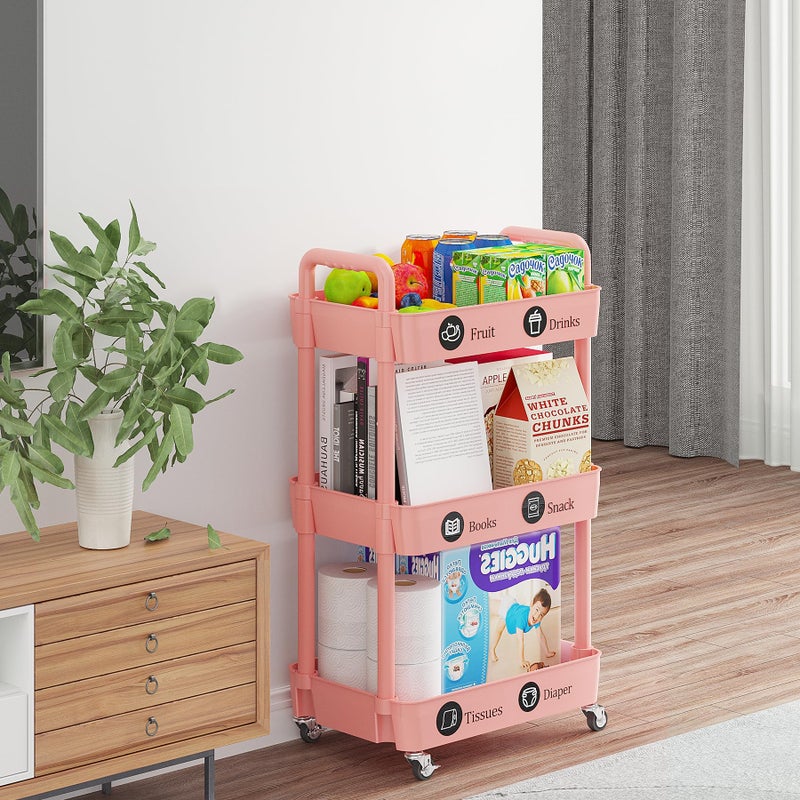 Laiensia 3-Tier Rolling Cart with Wheels,Multifunction Utility Storage Carts, Kitchen Storage Organizer,Mobile Shelving Unit for Bathroom,Laundry,with Classified Stickers,Pink - Image 3