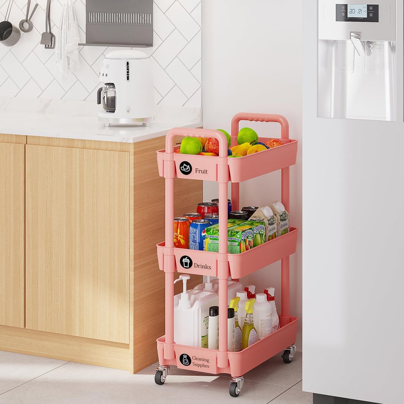 Laiensia 3-Tier Rolling Cart with Wheels,Multifunction Utility Storage Carts, Kitchen Storage Organizer,Mobile Shelving Unit for Bathroom,Laundry,with Classified Stickers,Pink - Image 4