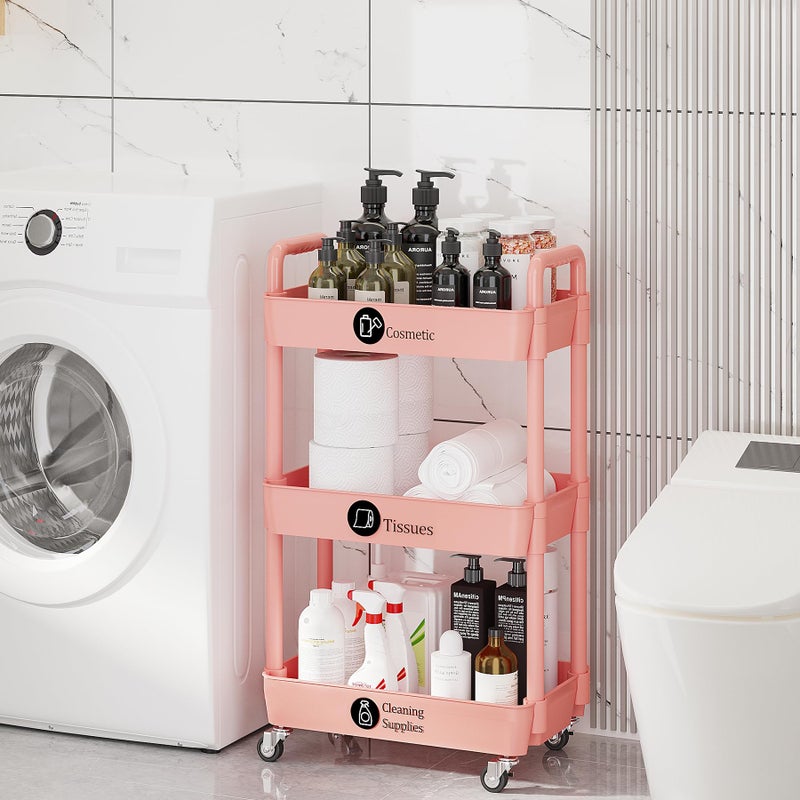 Laiensia 3-Tier Rolling Cart with Wheels,Multifunction Utility Storage Carts, Kitchen Storage Organizer,Mobile Shelving Unit for Bathroom,Laundry,with Classified Stickers,Pink - Image 5