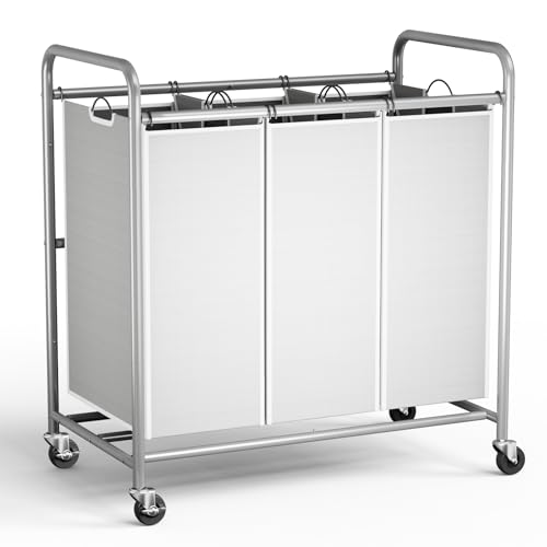 ROMOON Rolling Laundry Basket Organizer with Hanging Clothes Rack: 3 Section Laundry Hamper Sorter with Hanging Bar and Heavy-duty Lockable Wheels - Clothes Rack with Laundry baskets, 2025 Upgrade - Image 1