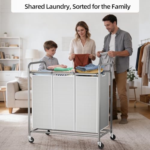 ROMOON Rolling Laundry Basket Organizer with Hanging Clothes Rack: 3 Section Laundry Hamper Sorter with Hanging Bar and Heavy-duty Lockable Wheels - Clothes Rack with Laundry baskets, 2025 Upgrade - Image 2