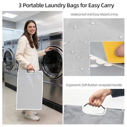 ROMOON Rolling Laundry Basket Organizer with Hanging Clothes Rack: 3 Section Laundry Hamper Sorter with Hanging Bar and Heavy-duty Lockable Wheels - Clothes Rack with Laundry baskets, 2025 Upgrade - Image 5