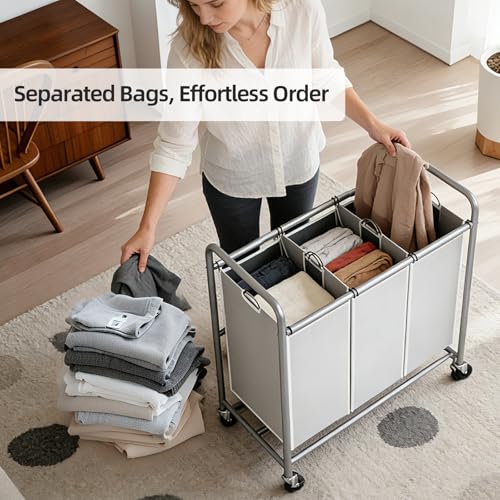 ROMOON Rolling Laundry Basket Organizer with Hanging Clothes Rack: 3 Section Laundry Hamper Sorter with Hanging Bar and Heavy-duty Lockable Wheels - Clothes Rack with Laundry baskets, 2025 Upgrade - Image 3