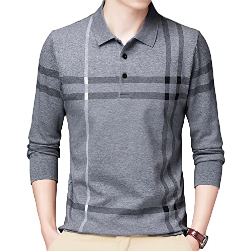 Womleys Mens Casual Striped Cotton Long Sleeve Collared T Shirt Polo Shirts (Small, Light Grey) - Image 1