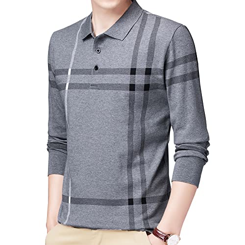 Womleys Mens Casual Striped Cotton Long Sleeve Collared T Shirt Polo Shirts (Small, Light Grey) - Image 2