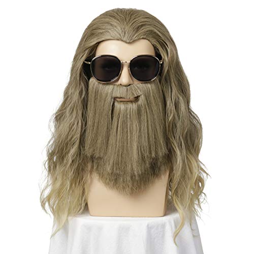 QACCF Long Curly Golden Brown Wig and Mustache Costume Halloween Mens Wig - Image 2