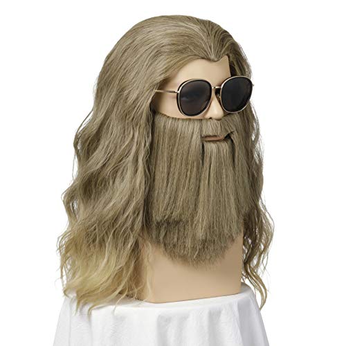 QACCF Long Curly Golden Brown Wig and Mustache Costume Halloween Mens Wig - Image 1