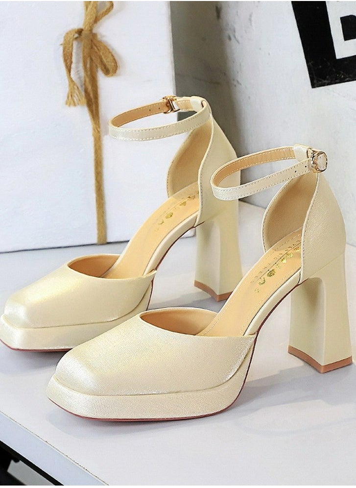 BIGTREE Womens Satin Platform Chunky High Heel Square Closed Toe Pumps With Ankle Strap Champagne 9CM  - Image 1