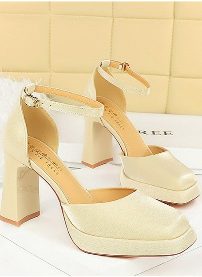 BIGTREE Womens Satin Platform Chunky High Heel Square Closed Toe Pumps With Ankle Strap Champagne 9CM  - Image 2