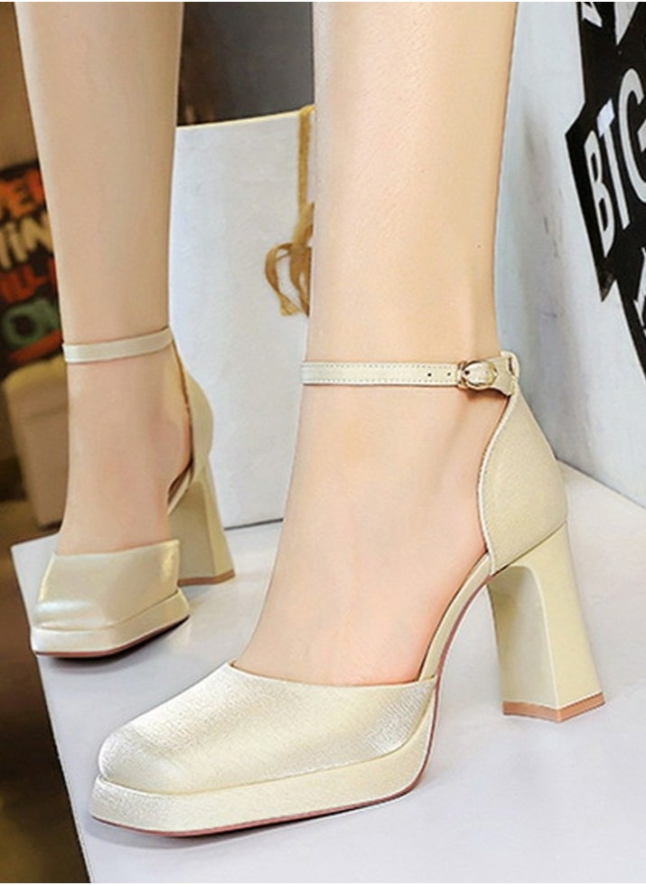 BIGTREE Womens Satin Platform Chunky High Heel Square Closed Toe Pumps With Ankle Strap Champagne 9CM  - Image 3