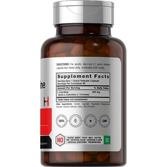 Horbäach L Carnitine Supplement 500mg | 60 Capsules | as L-Carnitine L-Tartrate | Non-GMO and Gluten Free - Image 2