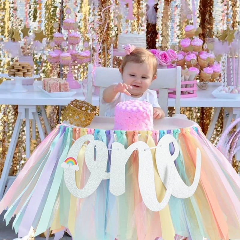 بيشيدا لافتة كرسي مرتفع لعيد الميلاد الأول من Beishida - زينة استحمام الطفل بألوان قوس قزح باستيل لافتة موضوع قوس قزح لحفلة عيد الميلاد الأولى ديكور كرسي مرتفع محايد للجنسين - Image 5
