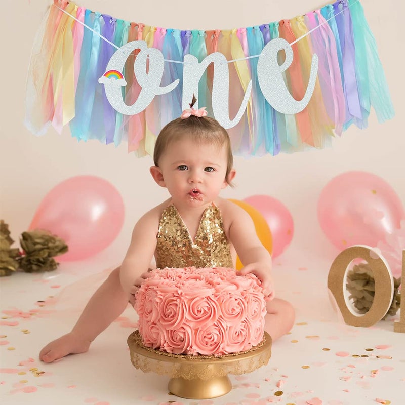 بيشيدا لافتة كرسي مرتفع لعيد الميلاد الأول من Beishida - زينة استحمام الطفل بألوان قوس قزح باستيل لافتة موضوع قوس قزح لحفلة عيد الميلاد الأولى ديكور كرسي مرتفع محايد للجنسين - Image 4