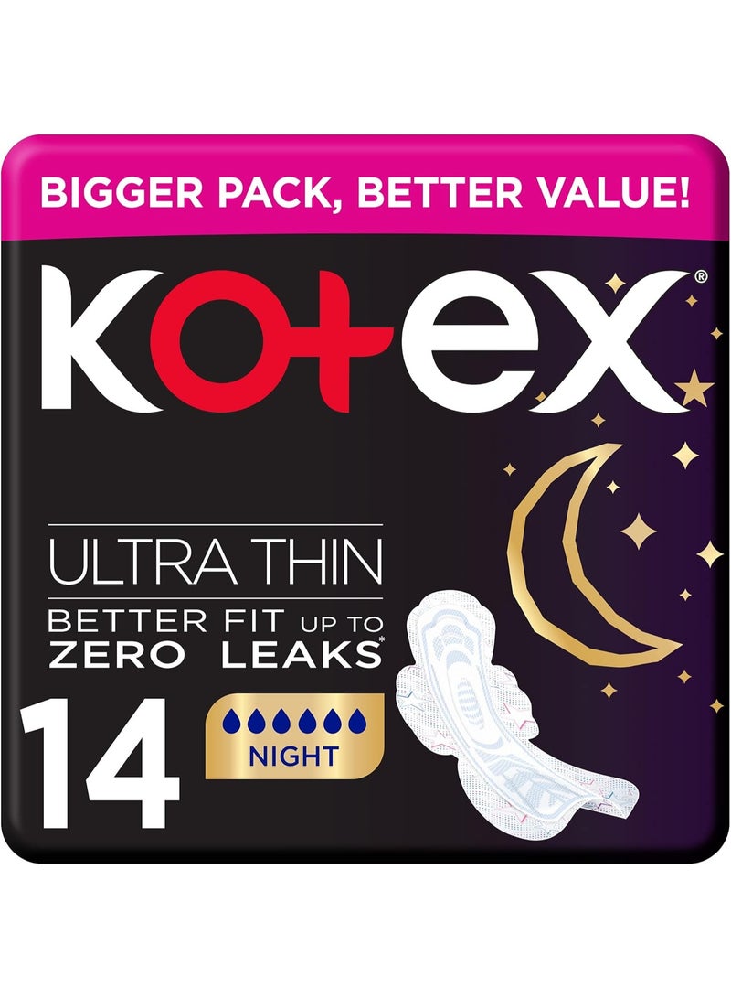 Kotex Ultra Thin Pads, Overnight Protection Sanitary Pads with Wings, 14 Pads - Image 1