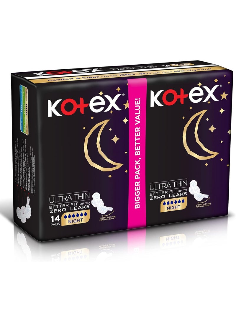 Kotex Ultra Thin Pads, Overnight Protection Sanitary Pads with Wings, 14 Pads - Image 2