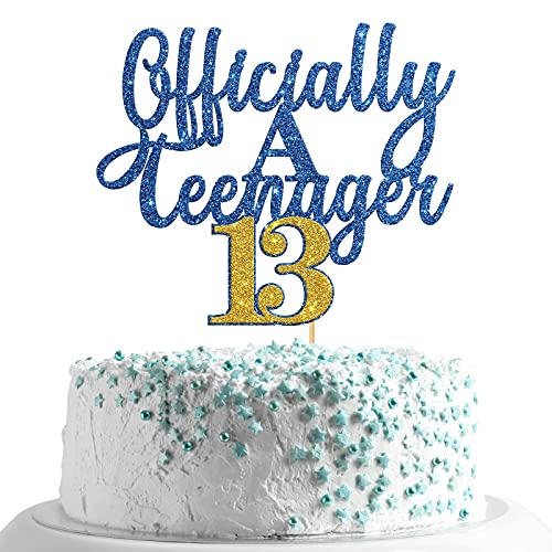 Festiko®Glitter Officially A Teenager 13 Cake Topper / 13th Birthday Cake Decor/Happy 13th Birthday Cake Supplies for Boy and Girl - Blue & Gold - Image 1