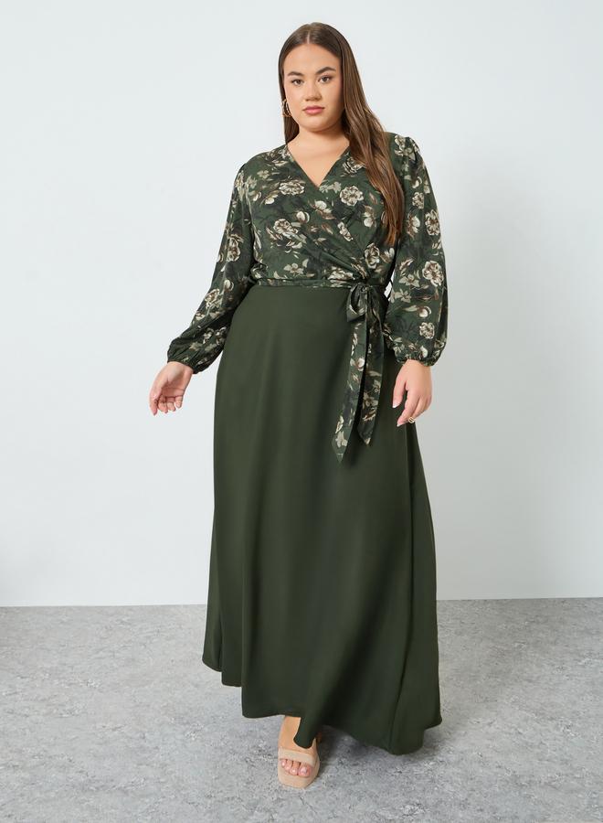 Styli Plus Floral Printed Wrap Look A-Line Maxi Dress - Image 3