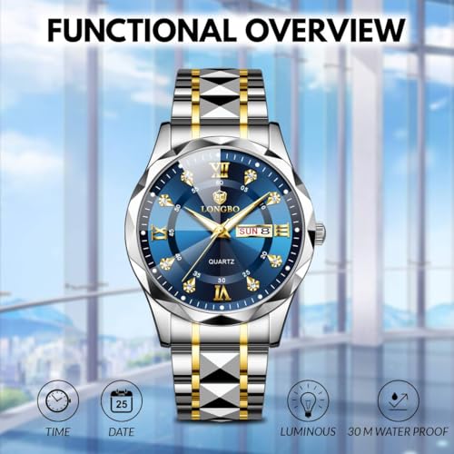 LONGBO Zenith Diamond Analog Watch for Men Business Stainless Steel Watches Luxury Men’s Wristwatch | Birthday Gift for Men | Gift for Husband | Gift for Brother (Silver-Gold-Blue) - Image 4