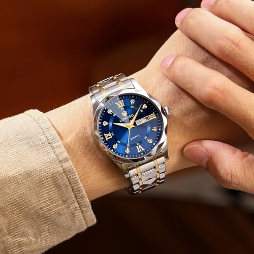 LONGBO Zenith Diamond Analog Watch for Men Business Stainless Steel Watches Luxury Men’s Wristwatch | Birthday Gift for Men | Gift for Husband | Gift for Brother (Silver-Gold-Blue) - Image 3