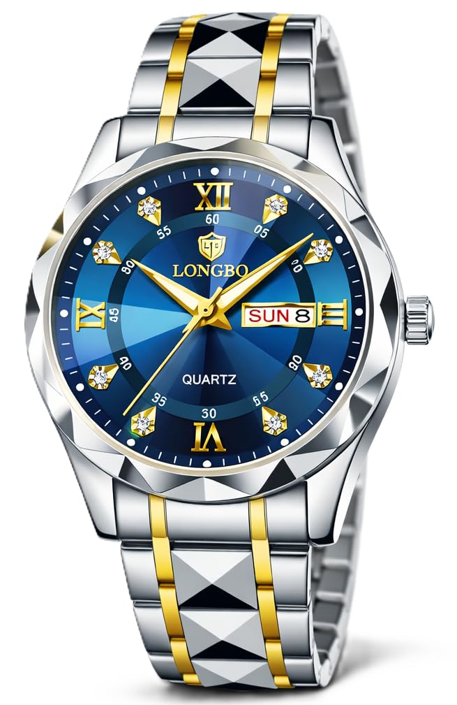 LONGBO Zenith Diamond Analog Watch for Men Business Stainless Steel Watches Luxury Men’s Wristwatch | Birthday Gift for Men | Gift for Husband | Gift for Brother (Silver-Gold-Blue) - Image 1
