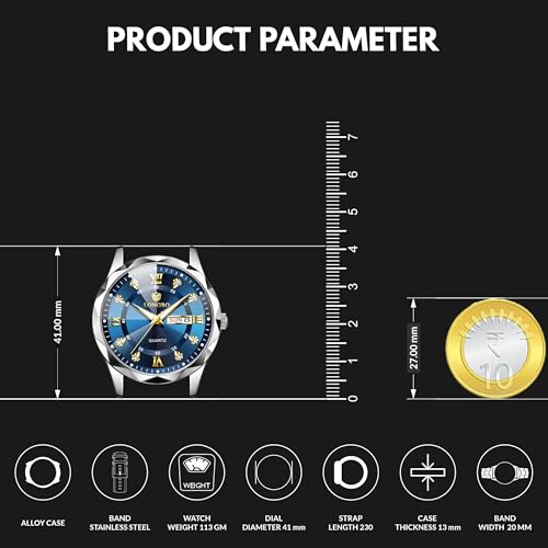 LONGBO Zenith Diamond Analog Watch for Men Business Stainless Steel Watches Luxury Men’s Wristwatch | Birthday Gift for Men | Gift for Husband | Gift for Brother (Silver-Gold-Blue) - Image 5