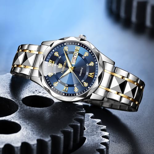 LONGBO Zenith Diamond Analog Watch for Men Business Stainless Steel Watches Luxury Men’s Wristwatch | Birthday Gift for Men | Gift for Husband | Gift for Brother (Silver-Gold-Blue) - Image 2