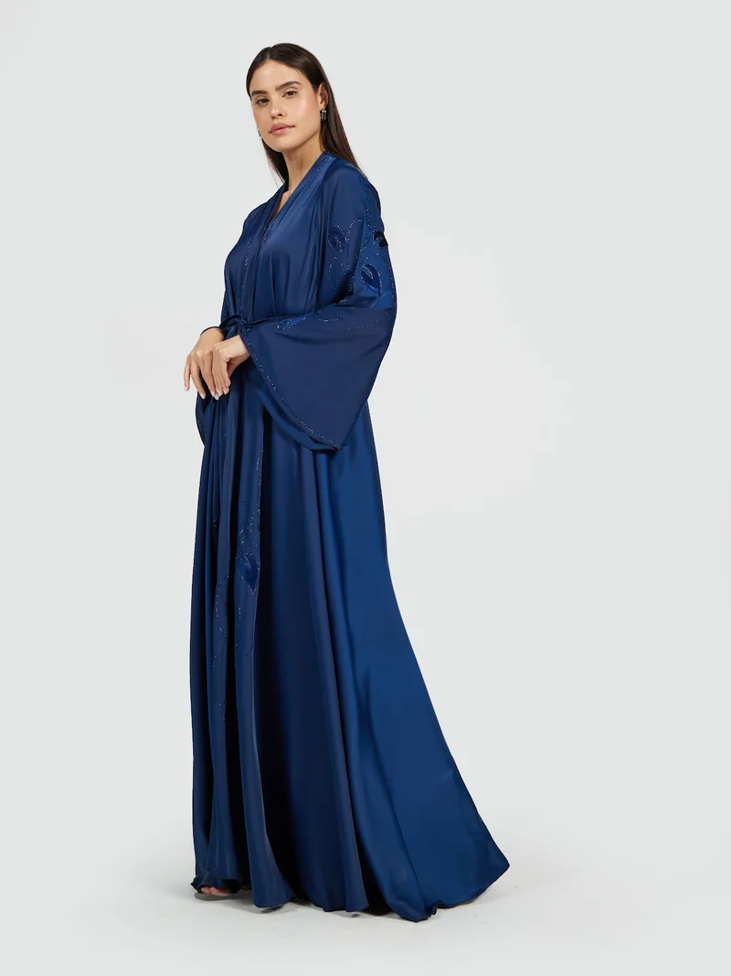 Reem Abayas Midnight Blue Belted Satin Abaya with Leaf Embroidery