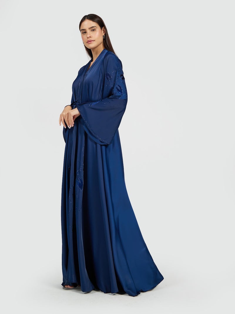 Reem Abayas Midnight Blue Belted Satin Abaya with Leaf Embroidery - Image 2