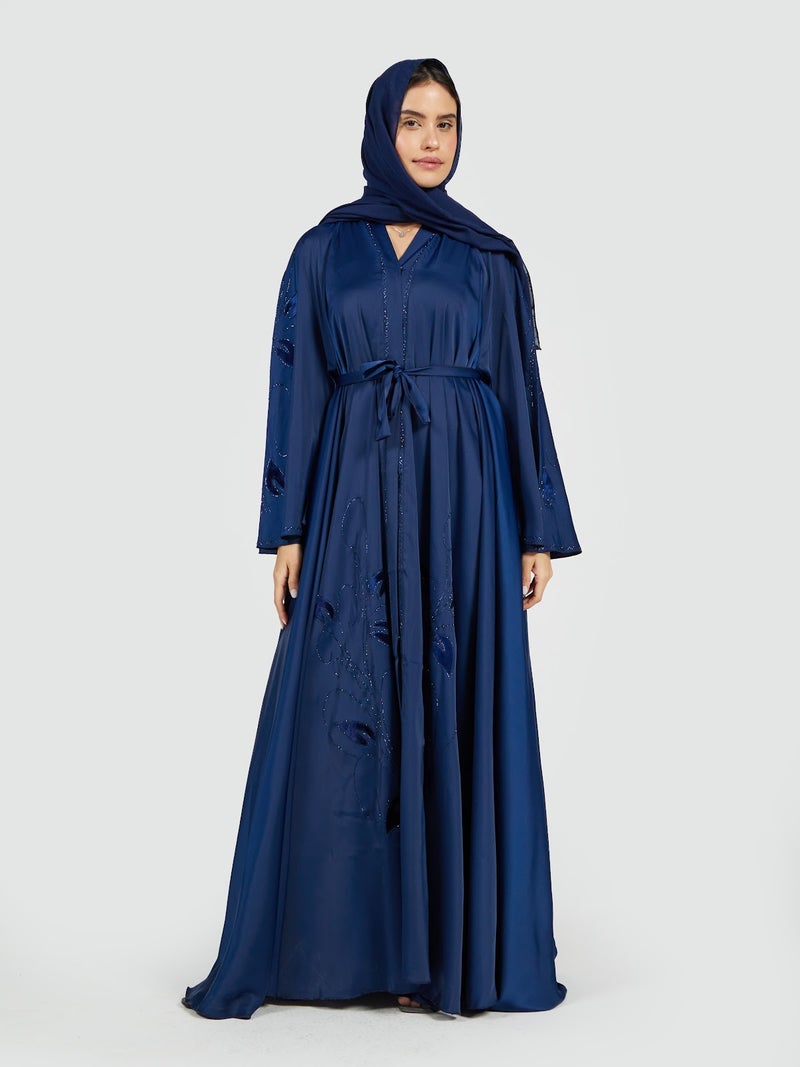 Reem Abayas Midnight Blue Belted Satin Abaya with Leaf Embroidery - Image 1