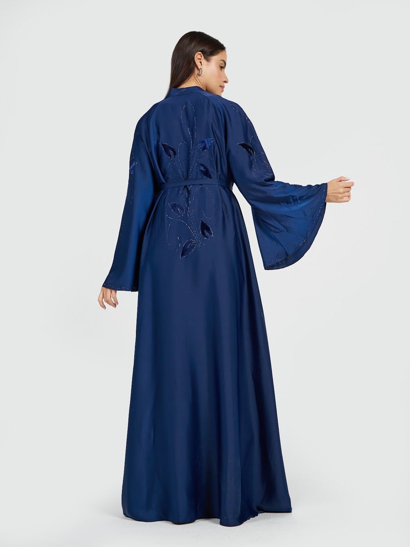 Reem Abayas Midnight Blue Belted Satin Abaya with Leaf Embroidery - Image 4