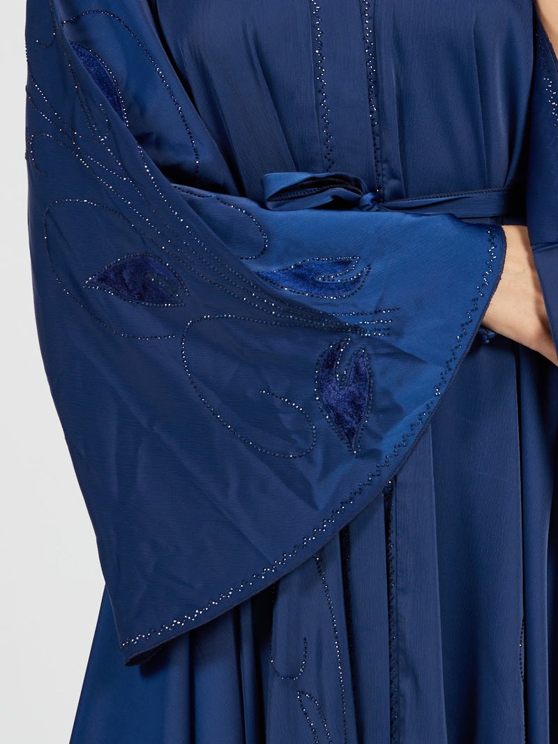 Reem Abayas Midnight Blue Belted Satin Abaya with Leaf Embroidery - Image 3