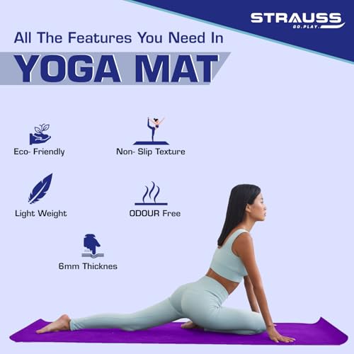 Strauss Multi-Purpose Yoga Mat with Carry Bag|Eco-friendly Anti-Slip Exercise & Fitness Yoga Mat for Men & Women|Home Gym Mat for Workout,Yoga,Pilates & Floor Exercises|Sizes: 4mm/6mm/8mm,(Purple) - Image 2
