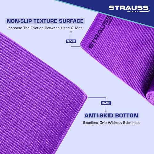 Strauss Multi-Purpose Yoga Mat with Carry Bag|Eco-friendly Anti-Slip Exercise & Fitness Yoga Mat for Men & Women|Home Gym Mat for Workout,Yoga,Pilates & Floor Exercises|Sizes: 4mm/6mm/8mm,(Purple) - Image 4